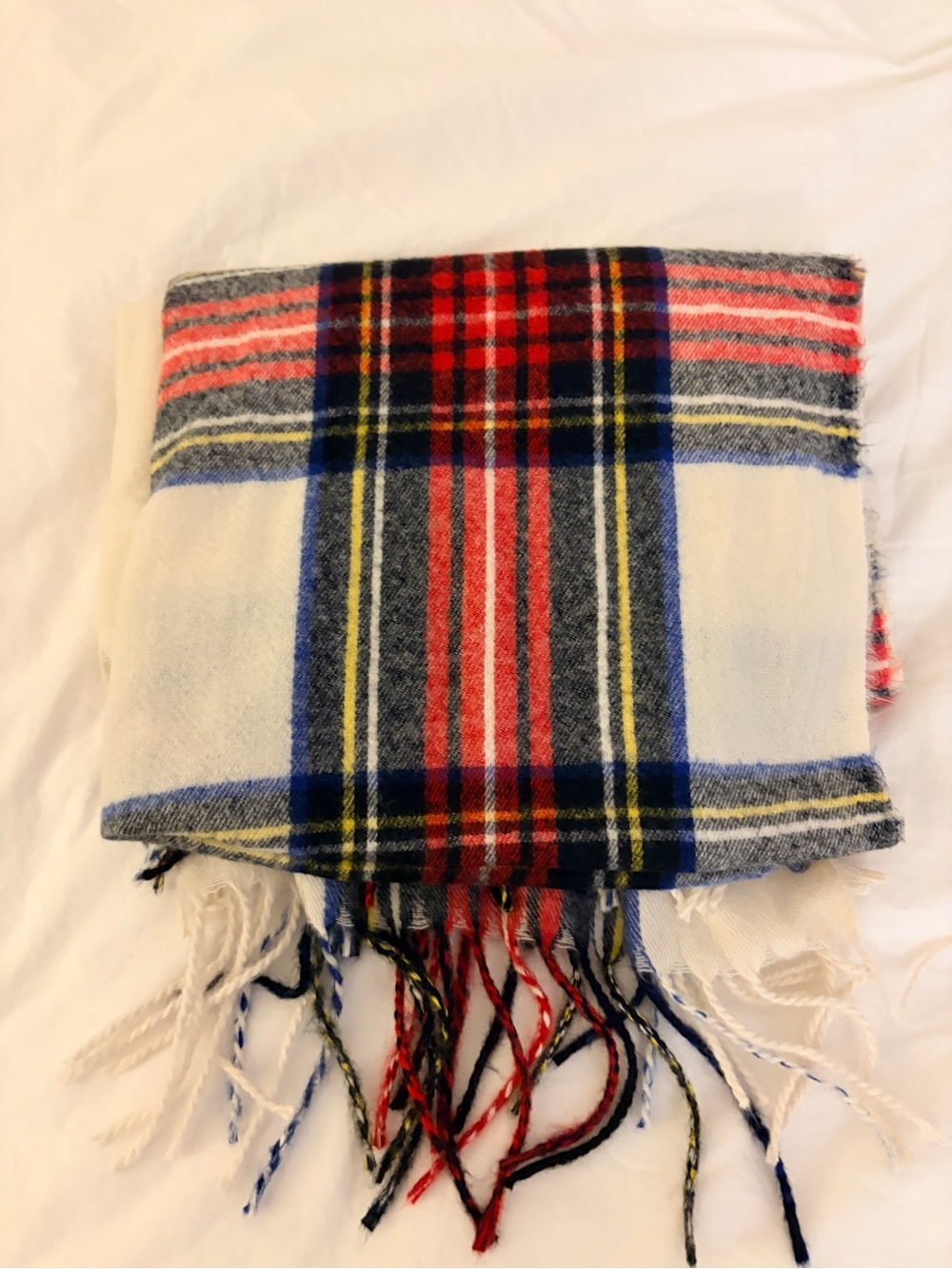 Plaid Fringe Scarf in Red, Blue & Cream